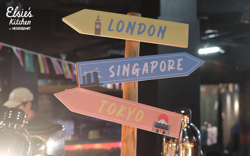 International travel themed direction signs for themed event catering