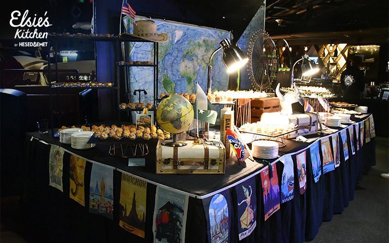 Themed catering display featuring world maps and travel decor