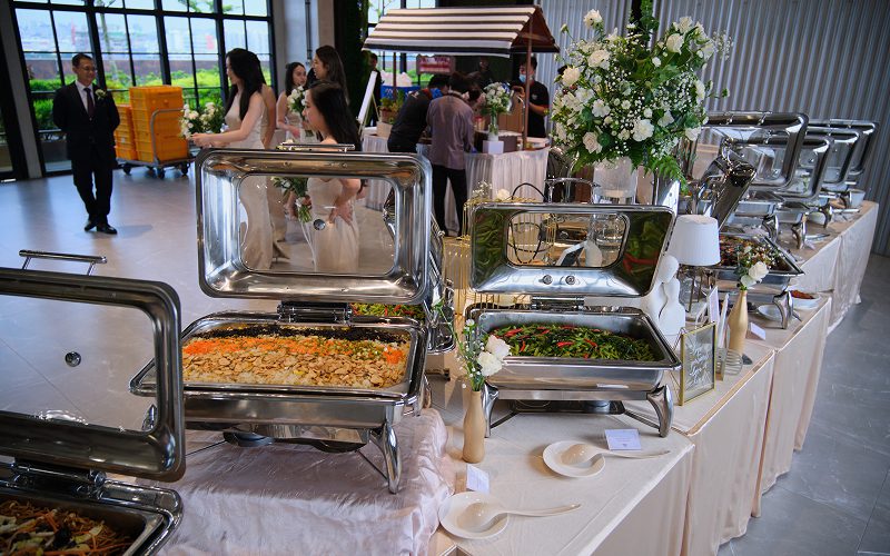 Catering regulations compliant food buffet at a corporate event.