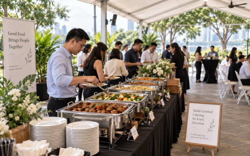 Outdoor catering buffet under a sheltered setup for an event in Singapore.