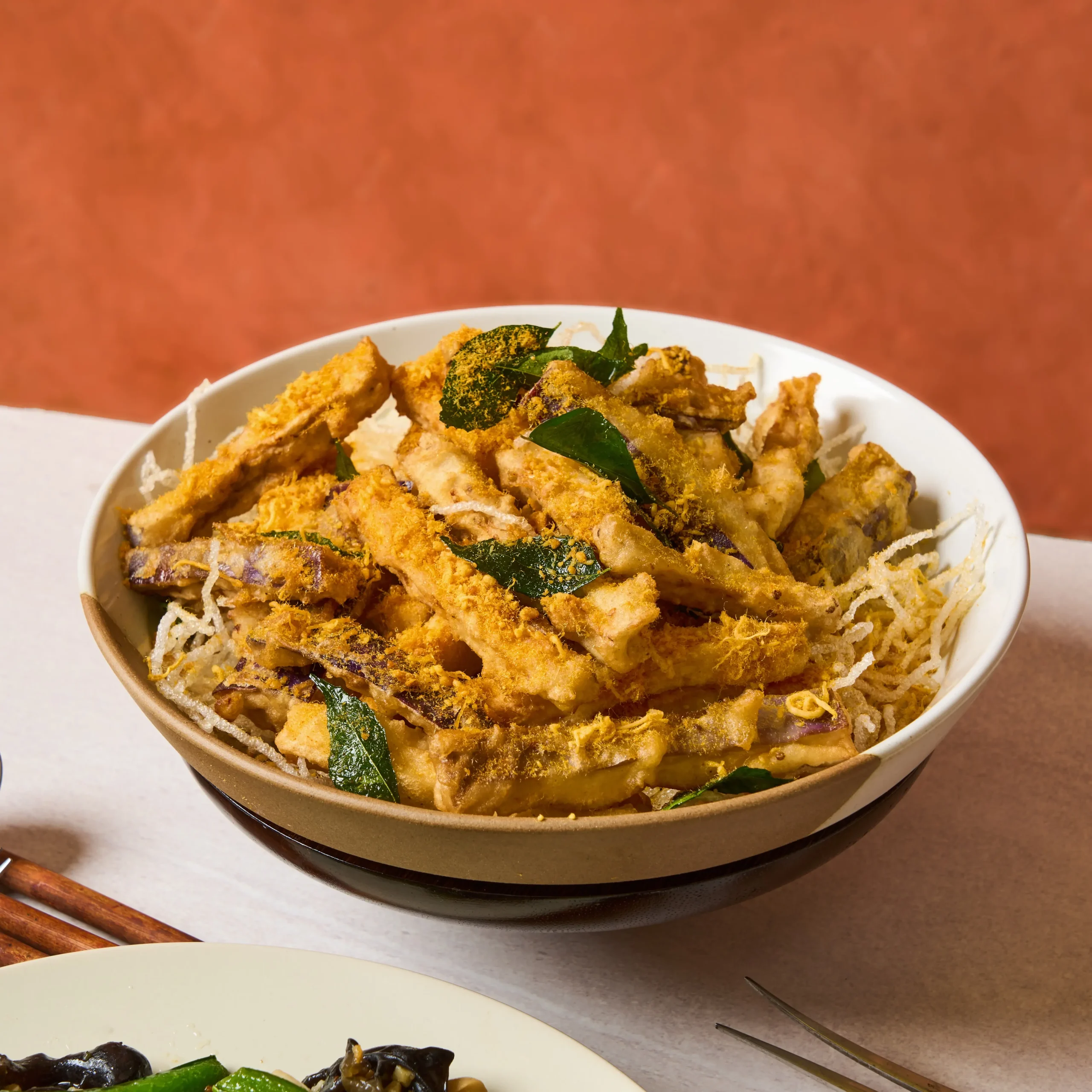 Battered Eggplant with Chicken Floss