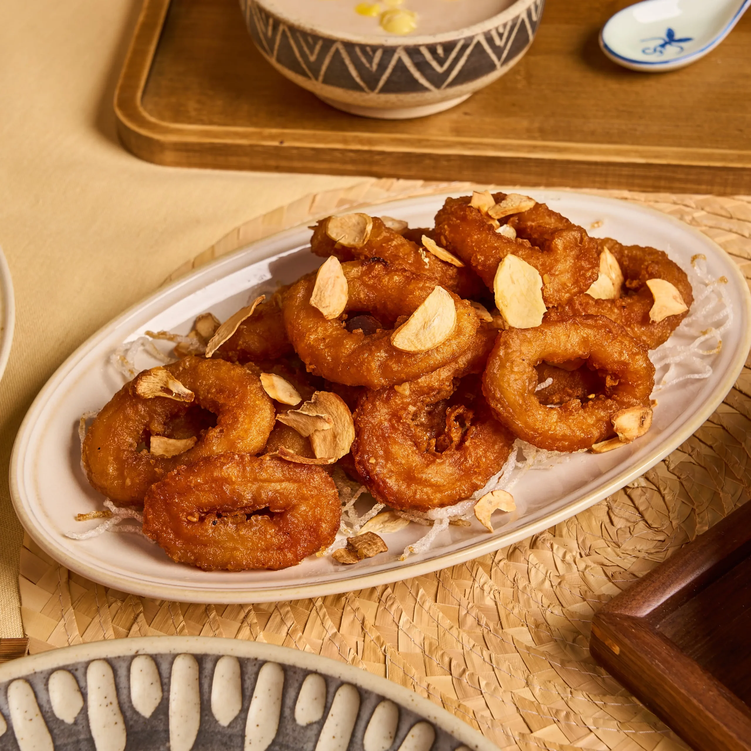 Thai Honey-Garlic Glazed Calamari with Garlic Chips