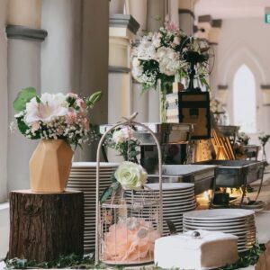 Wedding table decorations setup with floral arrangements