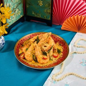 Stir-fried typhoon shelter prawns garnished with fried garlic and scallions