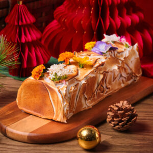 Vietnamese coffee ground log cake with homemade malted marshmallow fluff