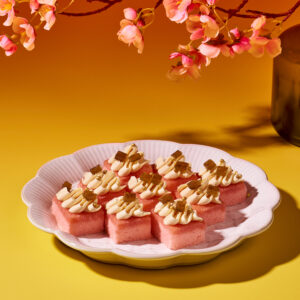 Pink guava sponge cake with sour plum gelee