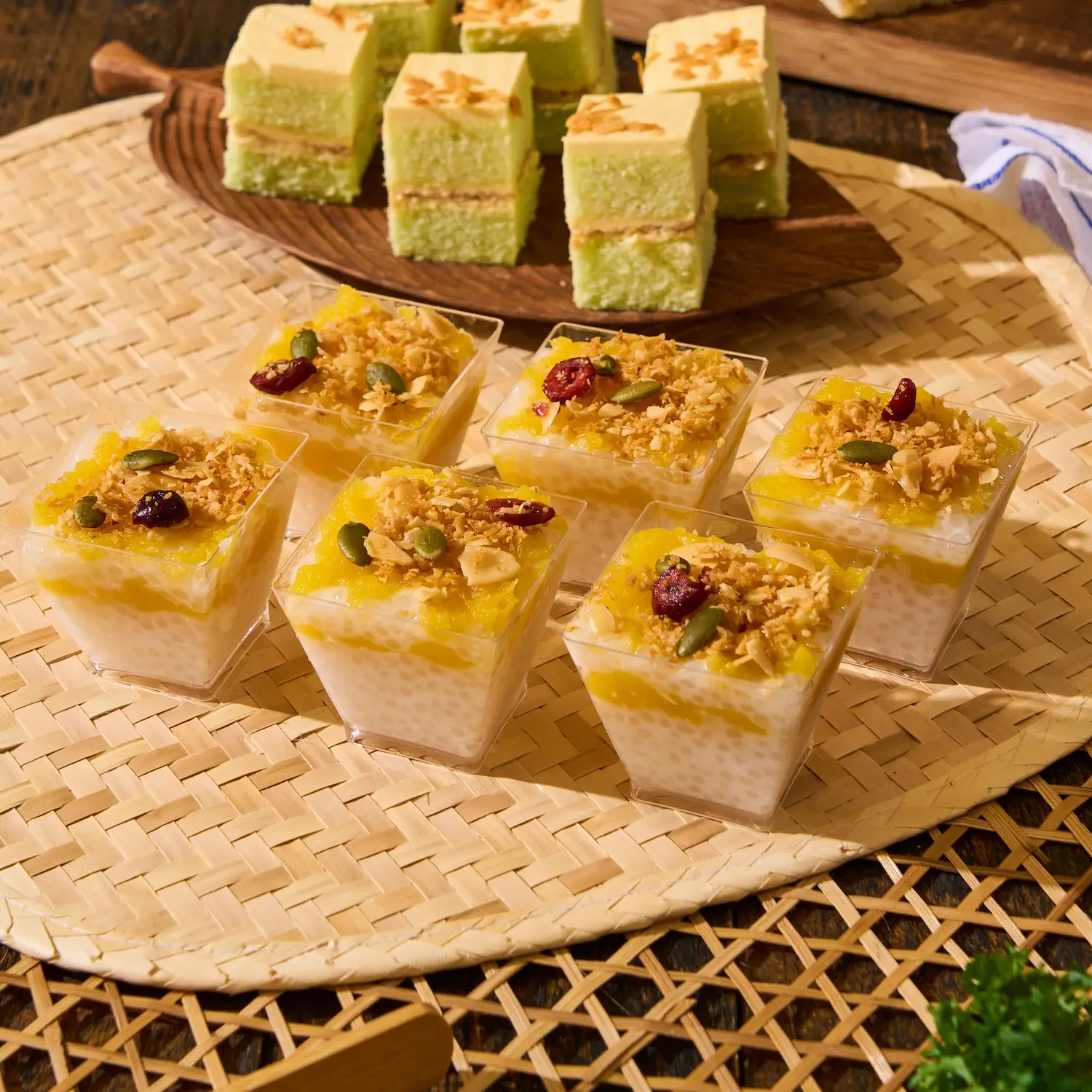 Nangka Coulis & Sago Triffle topped with Toasted Kerisik (Canapes)