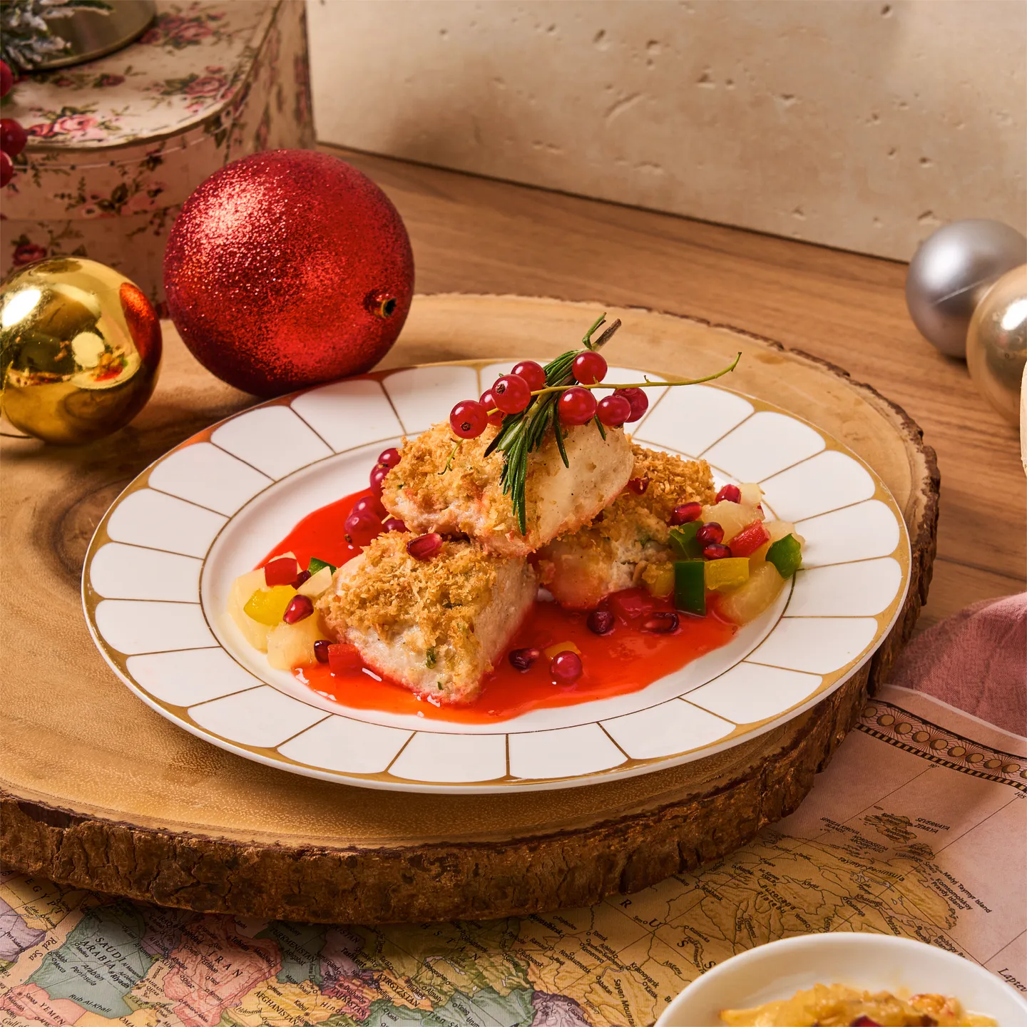 Coconut & Parmesan-Crusted Baked Fish with Tangy Pomegranate Sauce