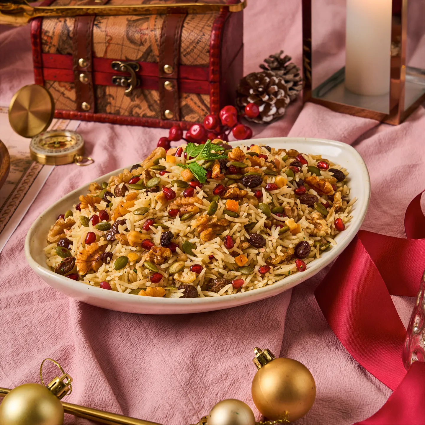 Festive Christmas Pilaf Rice with Dried Fruit, Roasted Nut & Fresh Herbs